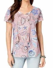 Style & Co Womens Small Pink Floral Printed Tassel Tie Neck Top NEW