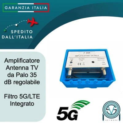 VSNETWORK Amplificatore antenna TV da palo con filtro LTE/5G 35 dB regolabile 1 UHF