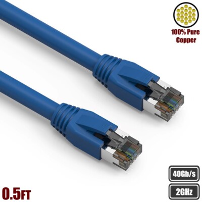 0.5FT Cat8 RJ45 Network LAN Ethernet S/FTP Patch Cable Copper 2GHz 40Gbps Blue
