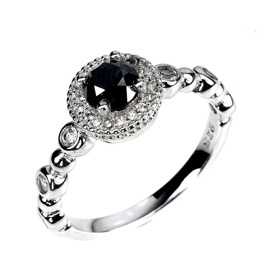 Anel de prata 925 verão redondo diamante preto topázio joia tamanho 7 - Imagem 2 de 4