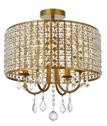 Chandelier Flush Mount Light Fixture Round Shade with Crystals Brass Dining Room - Picture 2 of 9