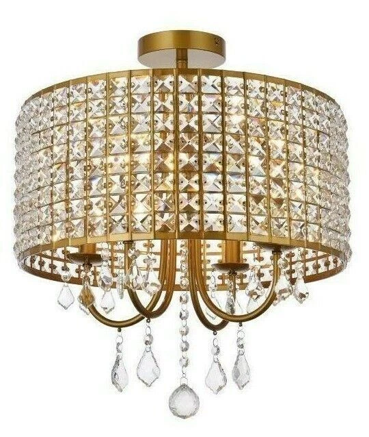 Chandelier Flush Mount Light Fixture Round Shade with Crystals Brass Dining Room - Image 2 of 4
