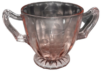 Vintage Clear pink etched Glass 50s 60s Sugar Bowl Grapes 2 Handles