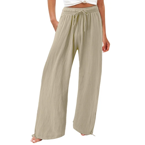 Women Loose High Waist Drawstring Cotton Linen Wide Leg Long Pants With Pockets - Picture 24 of 44