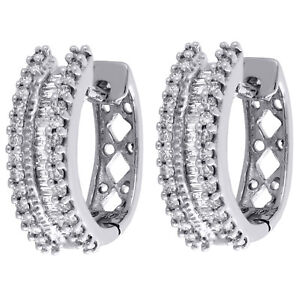 10K-White-Gold-Baguette-Diamond-3-Row-Hoops-Ladies-Huggie-Earrings-0-50-Ct