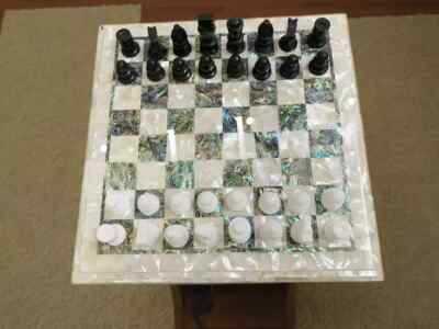White Marble & MOP Stone Chess Board with Complete Set   Elegant Indoor Game Set