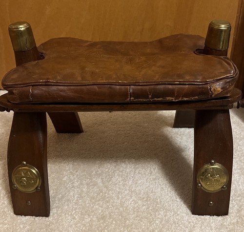 Vintage Camel Saddle Foot Stool Red Brass Caps Studs Rawhide Antique Rope RARE