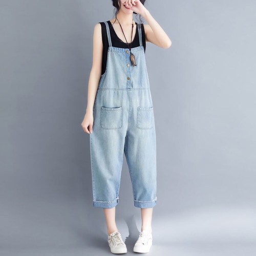 Chic Women Jeans Overalls Wide Leg Denim Bib Jumpsuits Pockets Loose Casual Blue - Picture 14 of 15