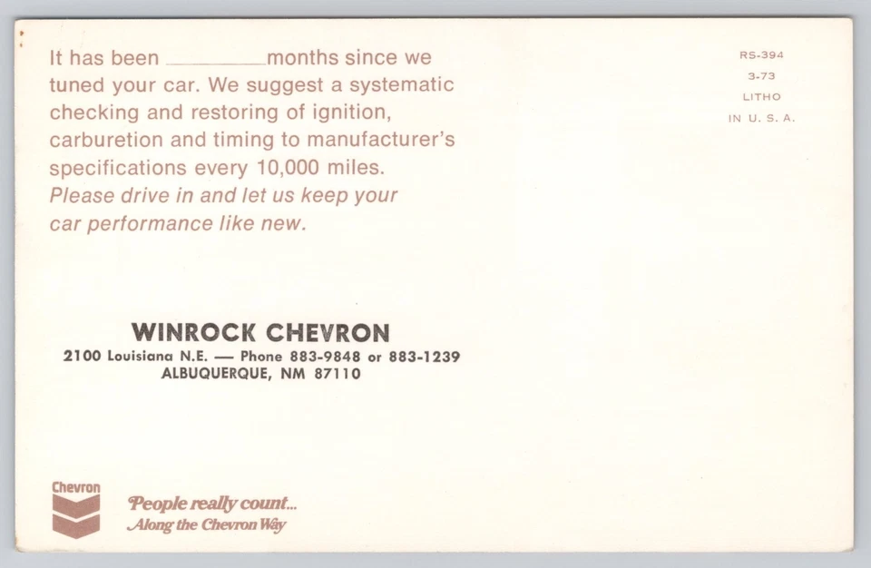 Albuquerque New Mexico, Winrock Chevron Auto Service Advertising, VTG Postcard - Image 2 of 2