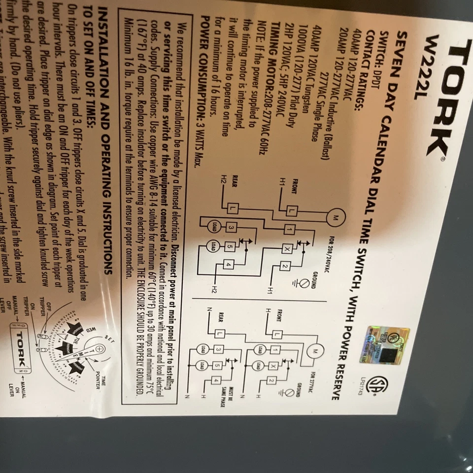 (C) Tork W222L 7 Day Reserve Power Time Switch 40A 208-277VAC DPDT Enclosure⚡️ - Image 4 of 4