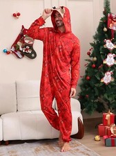 Christmas Reindeer One Piece Hooded Zip Up Pajamas Soft Stretchy Size M-3XL
