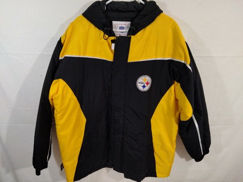 NFL Pittsburgh Steelers Large Windbreaker Zipper Front Jacket Hood Black Yellow