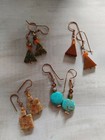 Vintage LOT 4 pair earrings copper metal turquoise blue dyed Howlite crystal
