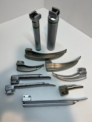 10 Piece Lot Laryngoscope Lot including 2 Handles 8 Blades See Description D2