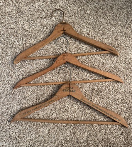 Lot Of 3 Vintage Wooden Coat Hangers -same style one Advertising Hotels Statler 