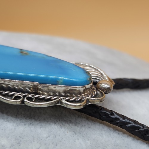 BENNETT PAT PEND Navajo Sterling Silver Large Turquoise Slide Bolo Tie Necklace - Picture 9 of 20