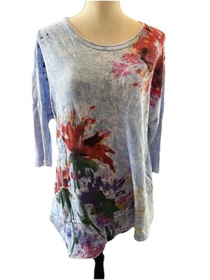 Jess & Jane M Blue Floral ''Watercolor'' Asymmetrical Tunic 100% Cotton