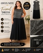 Onyx Nite 20W Black Silver Metallic Overlay Dress Formal Evening Plus