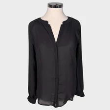 LC Lauren Conrad M Black Polyester Sheer Long Sleeve Button Top Lace Back