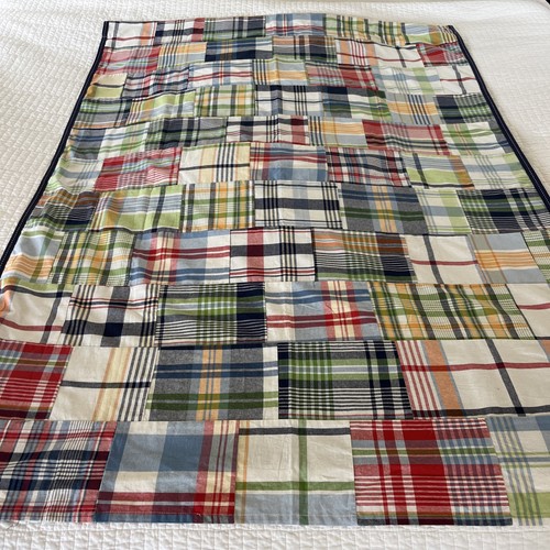 2 Pottery Barn Kids Madras Curtains Panels Red Blue Plaid 44x63" Blackout Pair