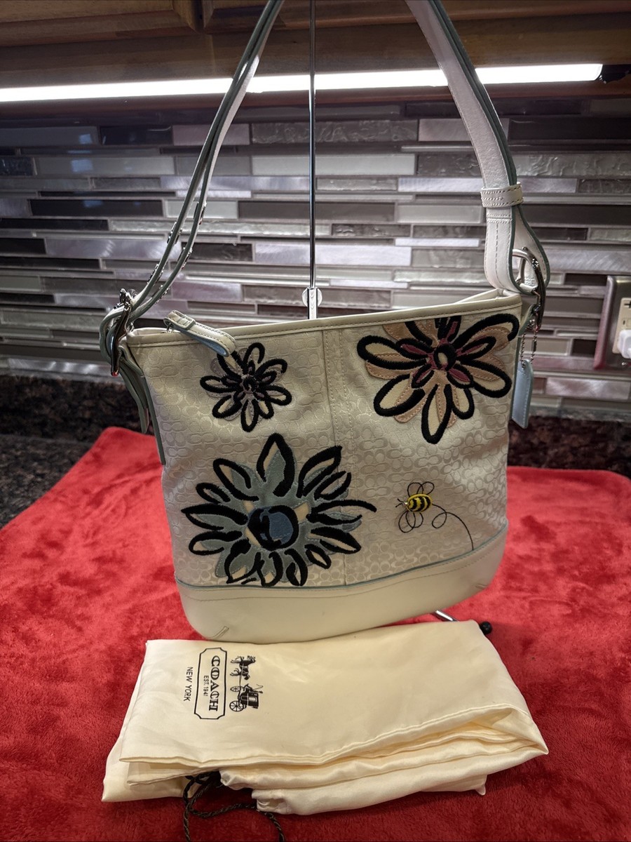 COACH White Floral Bee Duffle Crossbody Shoulder Bag Purse F10871