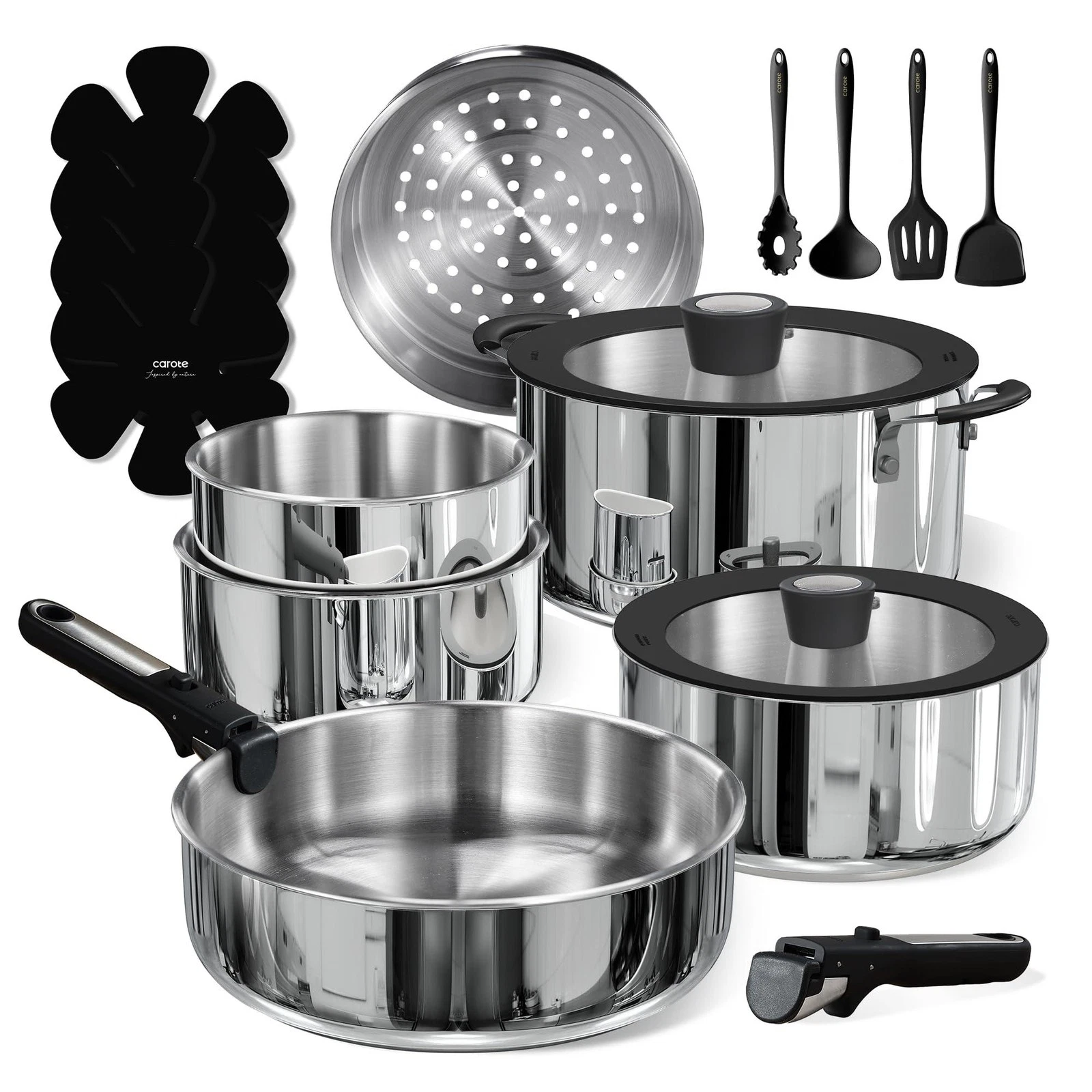 CAROTE 18pcs Stainless Steel Cookware Set with Detachable Handle, Nonstick Pots