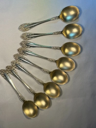 Gorham Lancaster Sterling Silver Demitasse Spoons Set of 8 Gold Washed ~4”