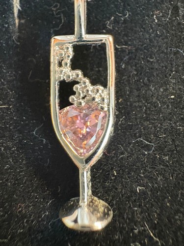 New Pendant Necklace 18" Chain Wine Glass Center Stone Silver Tone Velvet Case - Picture 2 of 8