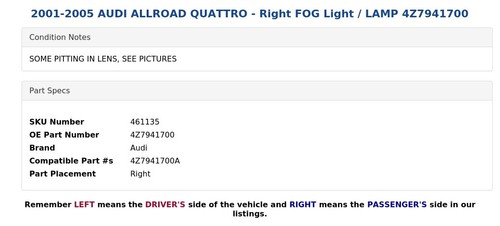2001-2005 AUDI ALLROAD QUATTRO - Right FOG Light / LAMP 4Z7941700 - Picture 4 of 5