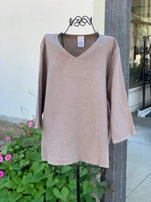 LT10V Mocha XLarge NWT Match Point Linen Shirt Blouse VNeck Pull Over Top Brown