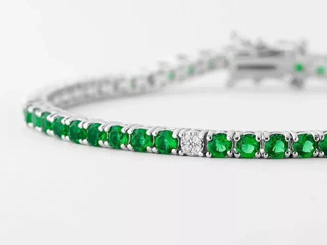 8ct Rd 4mm Lab Created Diam & Emerald Tennis Bracelet 14K Wh Gold Plated 7.5