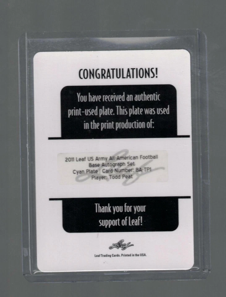 2011 LEAF U.S. ARMY TODD PEAT AUTO CYAN PRINTING PLATE 1/1 TEXAS A&M COMMERCE - Image 2 of 2