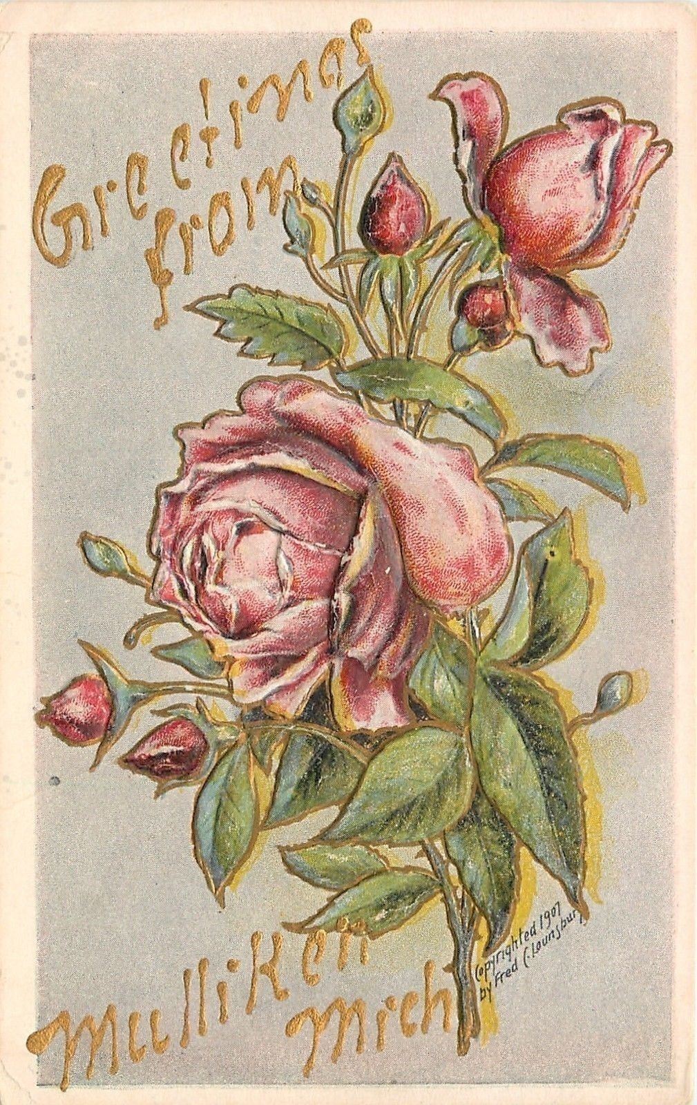 Milliken Michigan~Greetings~Embossed Red Roses~c1910 Lounsbury~Gold Font