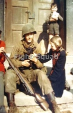 WW2 Picture Photo US soldier make friend with dog belong to German Children 3823