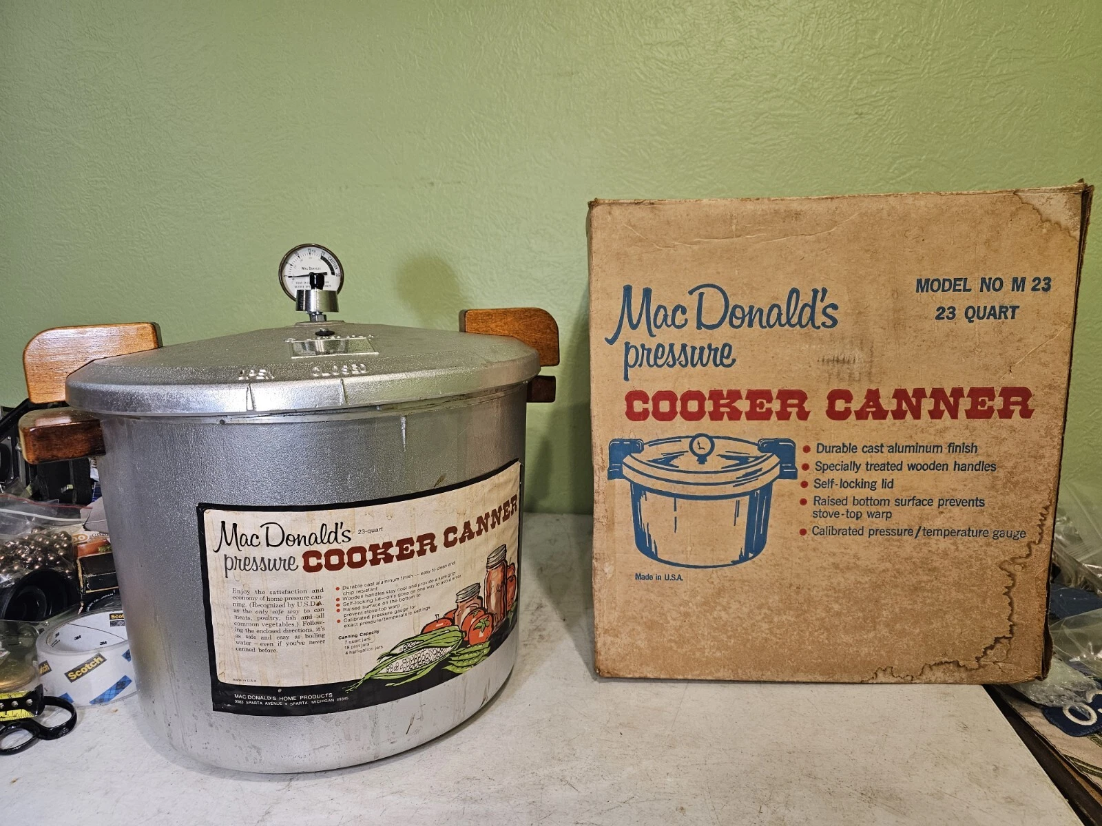 Vintage Macdonalds 23 QT Pressure Cooker Canner W/ Trivet + Original Box + Label