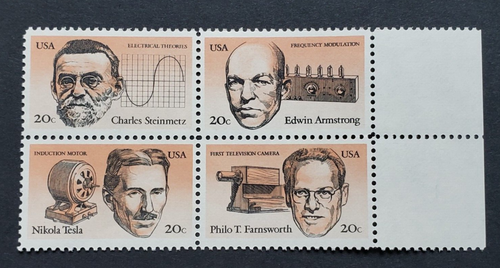 US 1983 American Inventors, Tesla, electricity, radio, block of 4, Sc#2055-8 MNH
