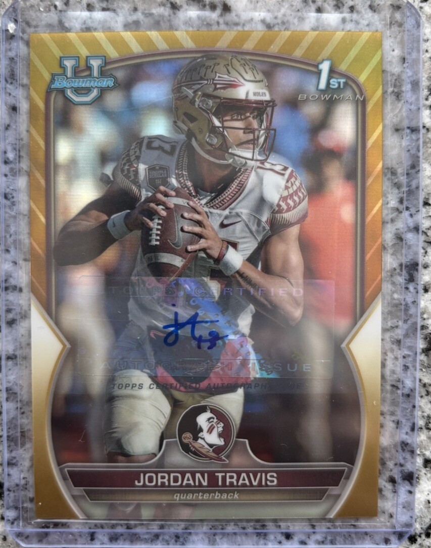 Jordan Travis 2022 Bowman Chrome University #31 Gold Refractor Auto /50
