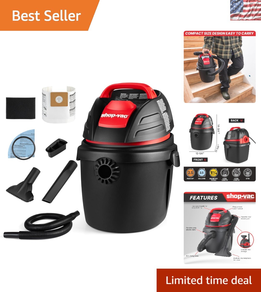 2.5 Gallon Wet Dry Vacuum - 2.5 HP, Wall-Mounted, Ideal for 