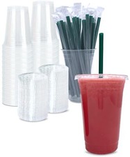 20 oz Clear Plastic Cups with Lids and STRAWS, Disposable Drinking Cups for C...