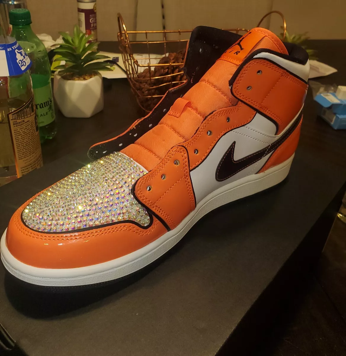 Size 10.5 - Custom Jordan 1 Mid SE Turf Orange swarovski rhinestones