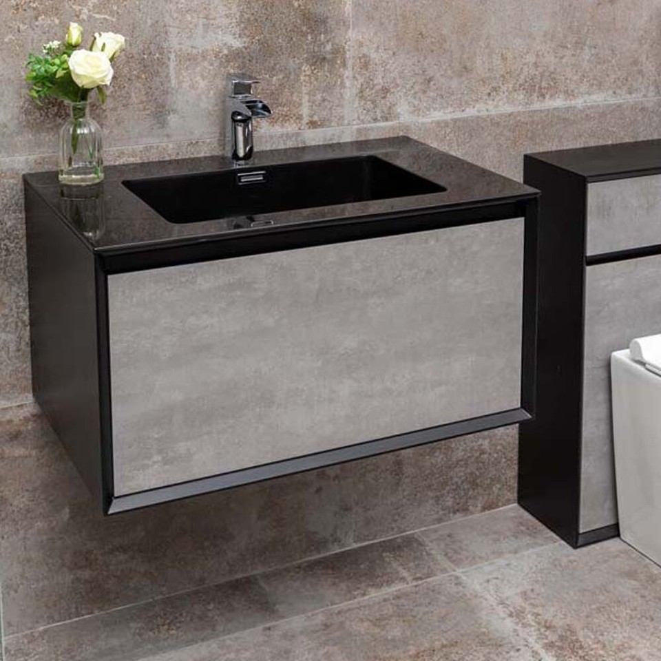 Black & Grey Bathroom Sink Unit Wall Mounted Vanity Unit & Black Sink ...