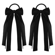 Black Velvet Hair Ties, 2 Pcs Elastic Hair Ribbon Bows, Handmade Ponytail Hol...
