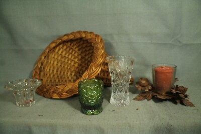 lot vtg cornucopia wicker basket metal  centerpiece candle holders crystal vase