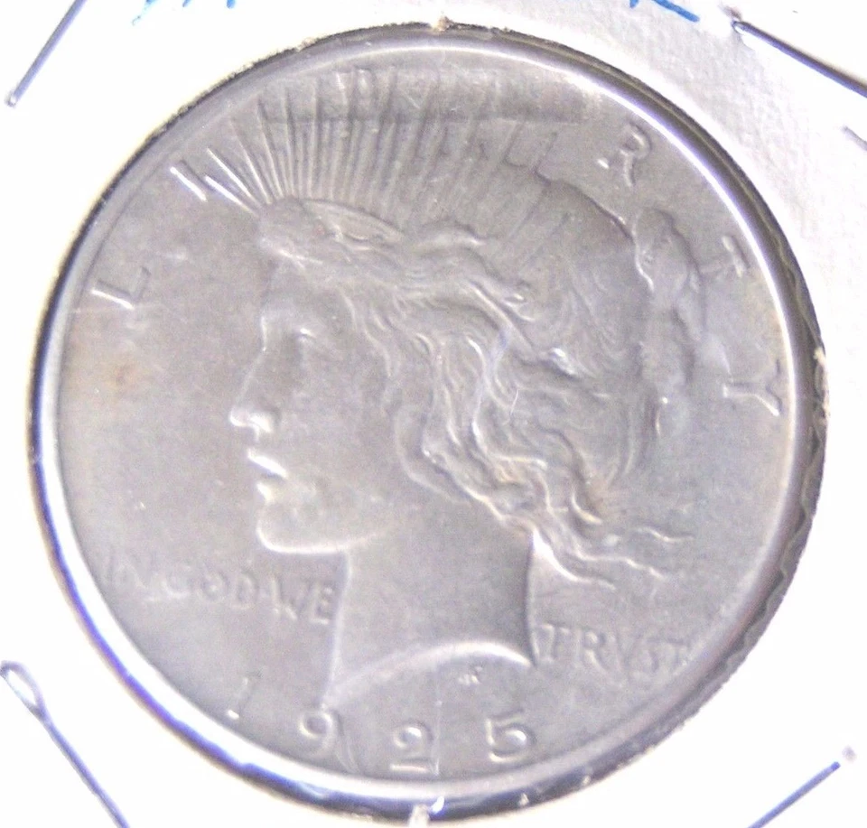 Dólar de plata de la paz 1925 P $1 mal acuñado RARO ERROR DE ACUÑACIÓN moneda parte superior de la corona AU Foto 2 de 4