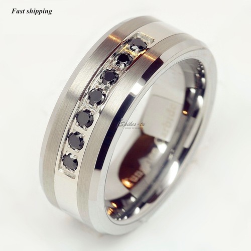 8mm Black/Silver Tungsten Carbide Ring Inlay Comfort Fit ATOP MEN Wedding Band - Picture 4 of 8