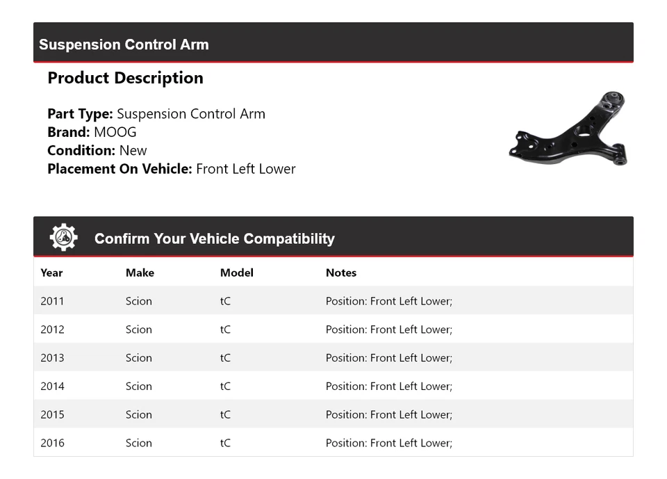 Para 2011-2016 Scion tC braço de controle de suspensão dianteiro esquerdo inferior MOOG 2011 2012 - Imagem 2 de 4