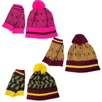 JUSTMINE Set Damen Hut Mit Muster Und Pompon Und Kurze Handschuhe K214 1102