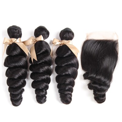 Natural Black Loose BOUNCE Wave Human hair 3Bundles With 4*4 Free Part Closure