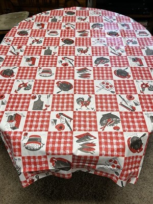 Vintage Lay-Cee Picnic BBQ Tablecloth Plastic Red Check Roosters 52  X84  1960s