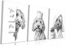 Framed Funny Bathroom Canvas Wall Art Set of 3, 24L" x 16W" Black and white dog